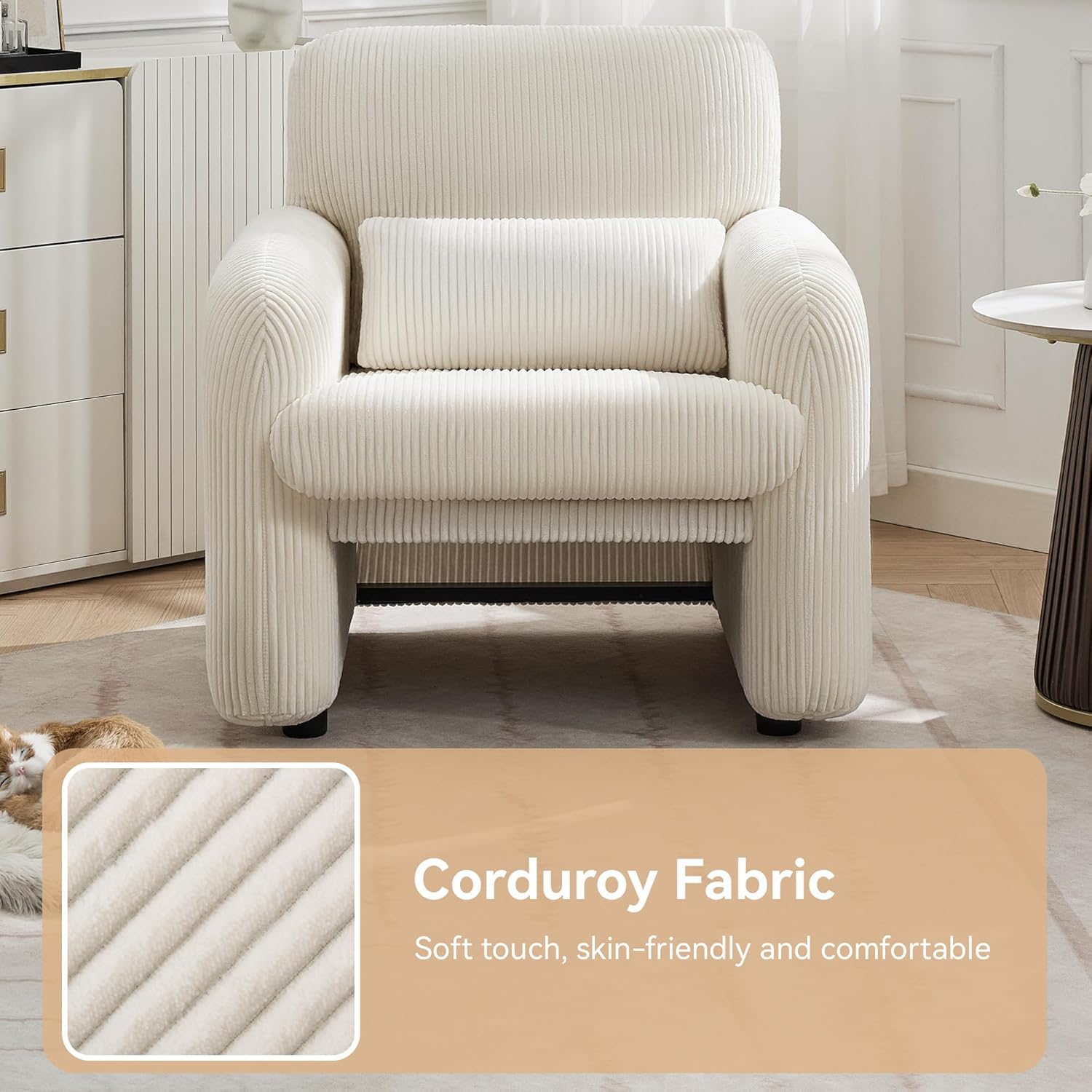 WUTUTUEE Corduroy Fabric Accent Chair, Modern Upholstered Living Room Chairs with Lumbar Pillow, Wide Comfy Leisure Armchair for Bedroom, Office, Reading, White