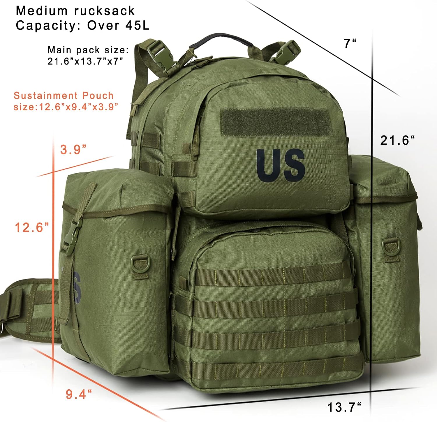 Akmax MOLLE II Medium Rucksack Military Tactical Backpack with Detachable Side Pouches & Upgraded Frame for Enhanced Comfort