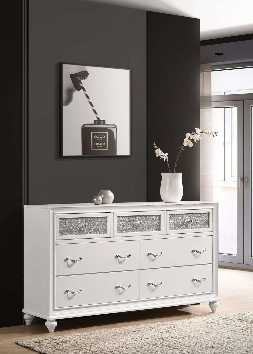 Coaster Home Furnishings - Barzini - Wood - 7-Drawer Dresser with Acrylic Panel, Crystal Hardware, Curved Handles, Turned Legs, Modern Classic Style - Bedroom - White - 205893