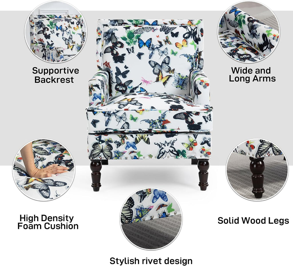 Accent Chair, Modern Comfy Mid-Century Accent Chairs, Linen Upholstered Wingback Lounge Arm Chair with Solid Wood,Single Floral Pattern Sofa Chair for Living Room/Office/Balcony/Bedroom