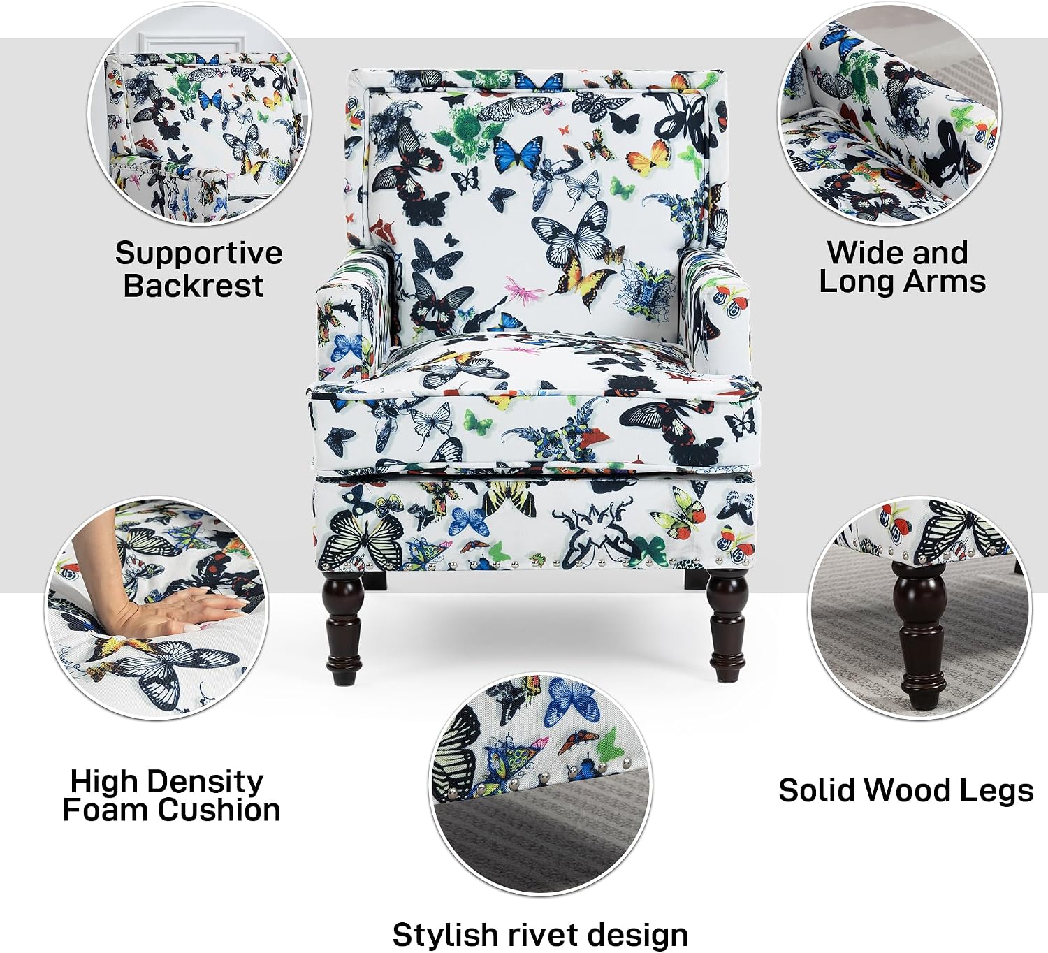 Accent Chair, Modern Comfy Mid-Century Accent Chairs, Linen Upholstered Wingback Lounge Arm Chair with Solid Wood,Single Floral Pattern Sofa Chair for Living Room/Office/Balcony/Bedroom