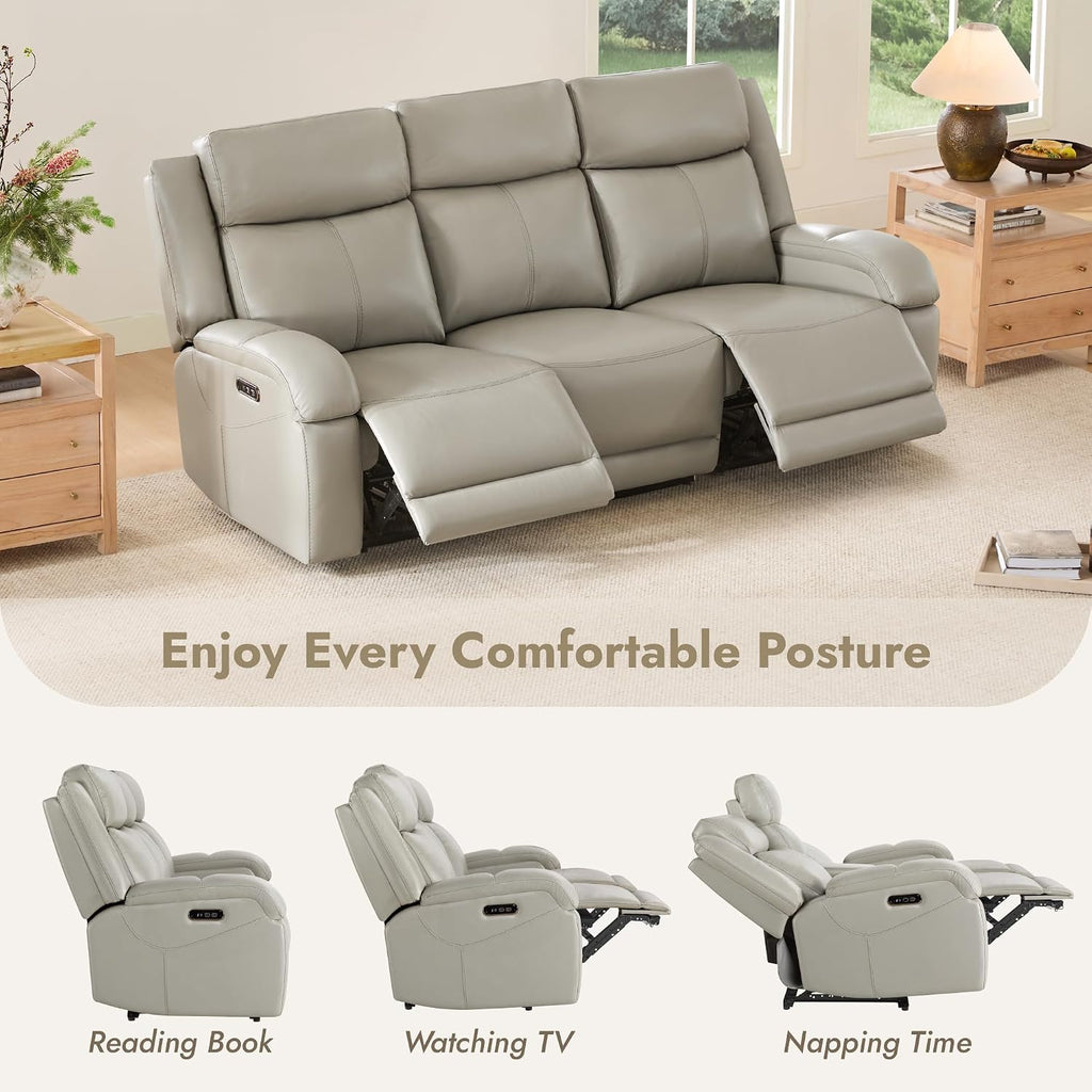 Watson & Whitely Genuine Leather Power Recliner Sofa, 3 Seater Wall Hugger Reclining Sofas with Power Headrest, USB & TypeC Ports, Electric Recliner Couch Set for Living Room, Grey