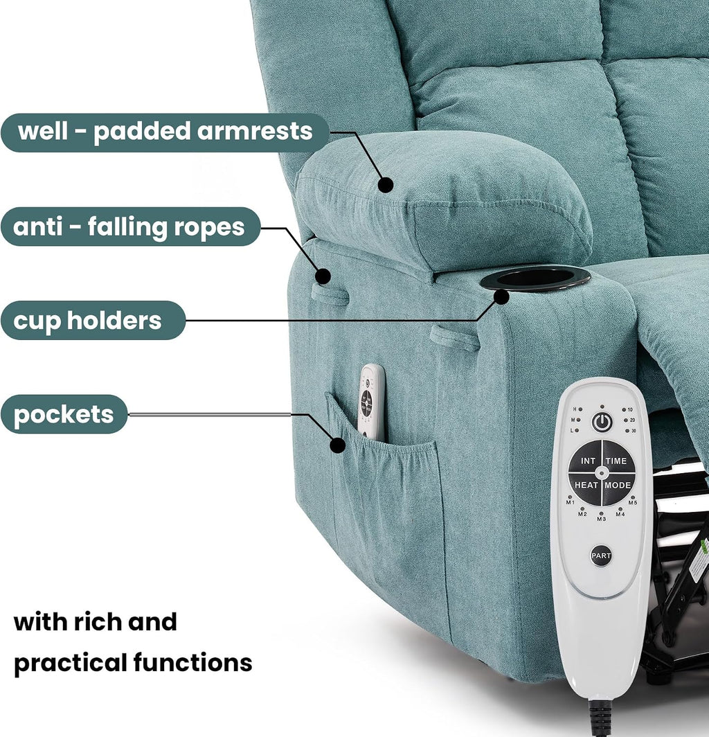 Manual Recliner Chair with Heating & Massage,Ergonomic Overstuffed Breathable Fabric Reclining Chair with Side Pockets,Q235 Steel Frame Lazy Boy Recliner Single Sofa for Living Room Bedroom
