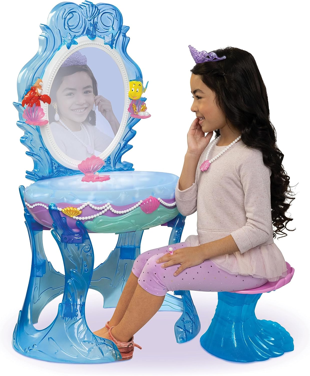 Disney Princess Ariel Vanity for Girls with Lights & Sounds, Plays 'Under The Sea' - Magical Light Up Effect Looks Just Like Water! Pretend Play Girls Vanity Set with Mirror and Stool