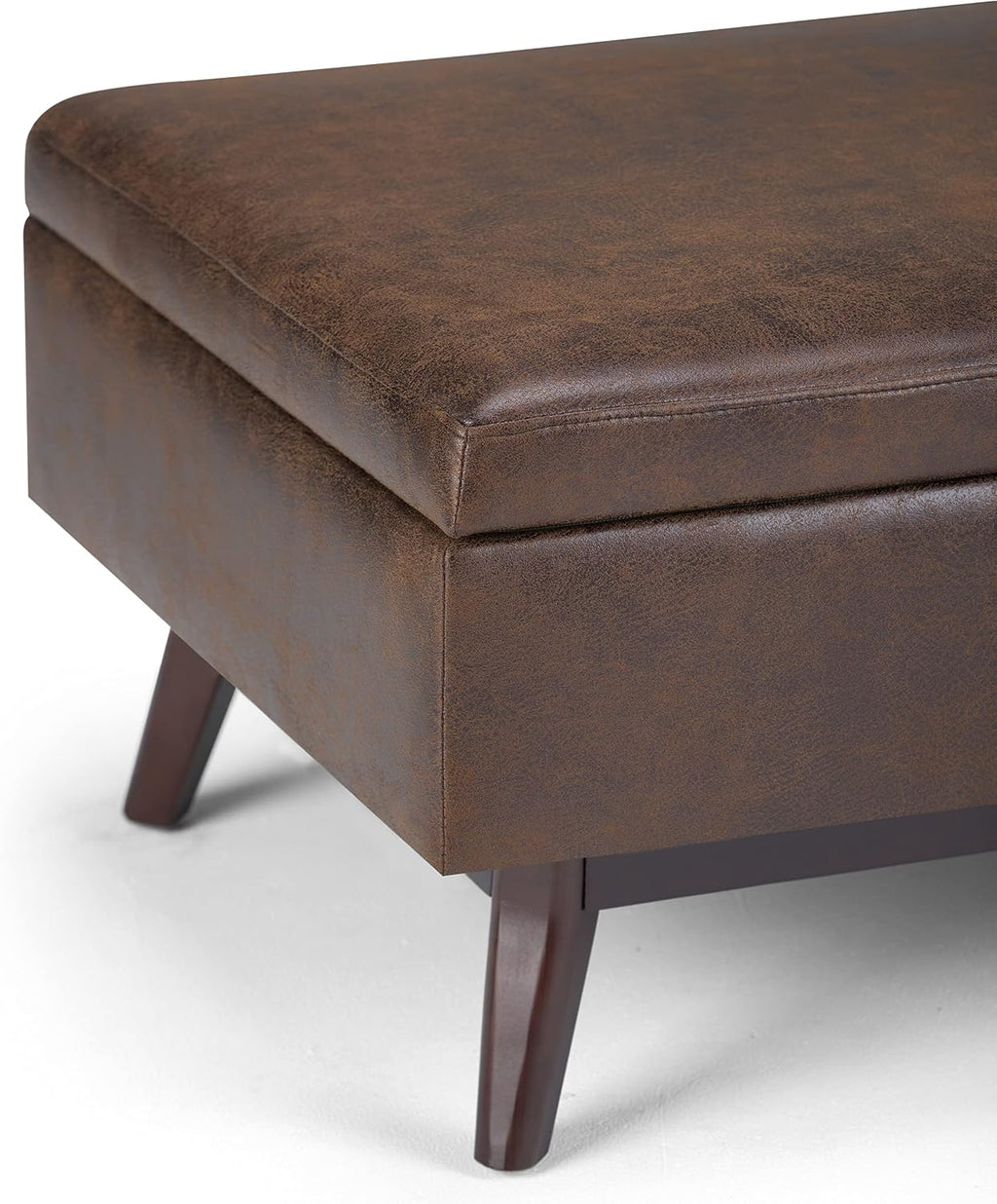 SIMPLIHOME Owen Coffee Table Storage Ottoman - 34' Wide x 19' High Upholstered Vegan Leather Rectangular Lift-Top Ottoman in Distressed Chestnut Brown, Mid-Century Modern Bench with Tapered Legs