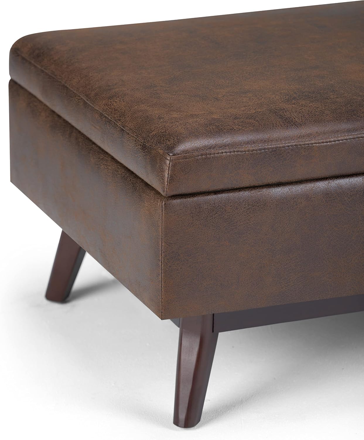 SIMPLIHOME Owen Coffee Table Storage Ottoman - 34' Wide x 19' High Upholstered Vegan Leather Rectangular Lift-Top Ottoman in Distressed Chestnut Brown, Mid-Century Modern Bench with Tapered Legs