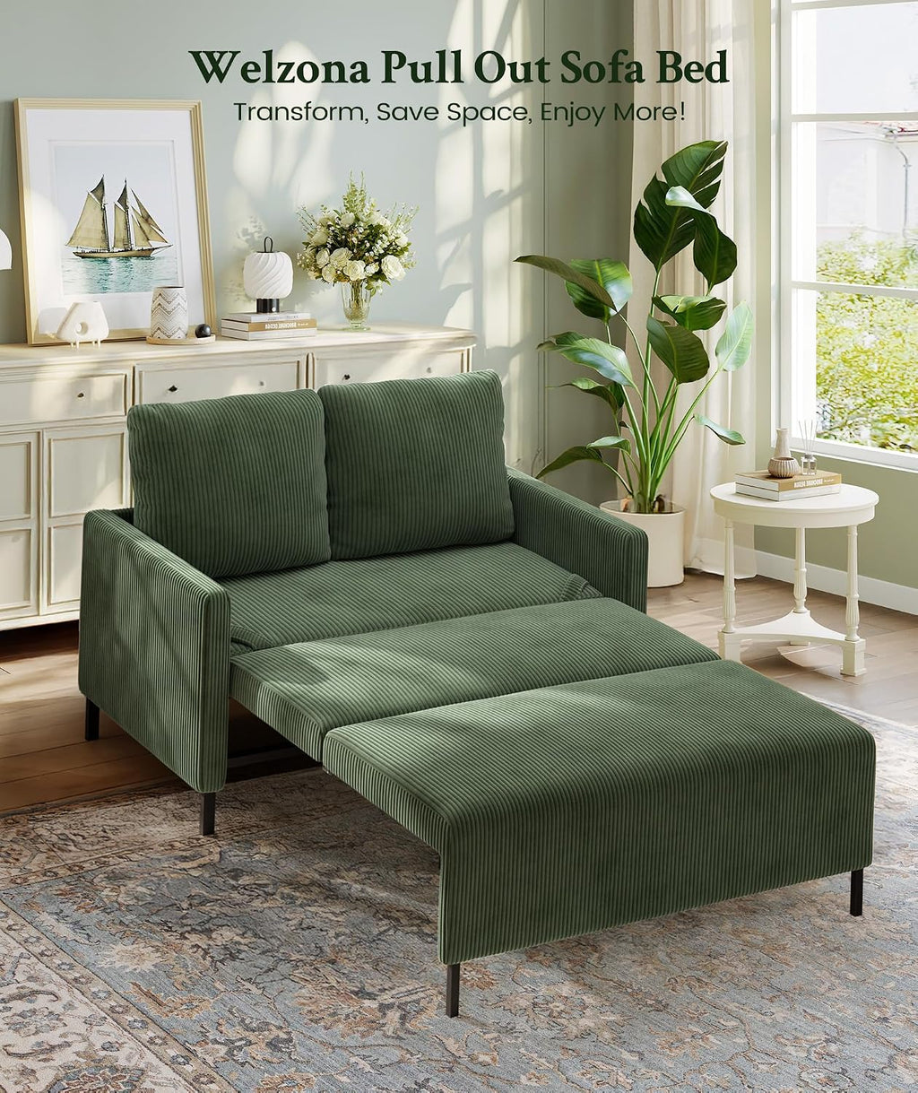 Welzona 47.2' Convertible Sofa Bed Couch, Comfy Corduroy Loveseat Sleeper Sofa, 620lbs Capacity Couch Bed, Easy Setup Love Seat Sleeper Bed with 2 Pillow, Small Couches for Living Room/Office, Green
