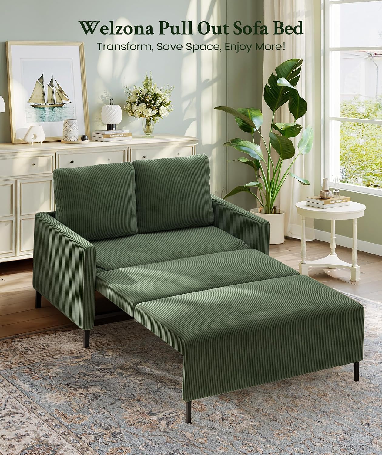 Welzona 47.2' Convertible Sofa Bed Couch, Comfy Corduroy Loveseat Sleeper Sofa, 620lbs Capacity Couch Bed, Easy Setup Love Seat Sleeper Bed with 2 Pillow, Small Couches for Living Room/Office, Green