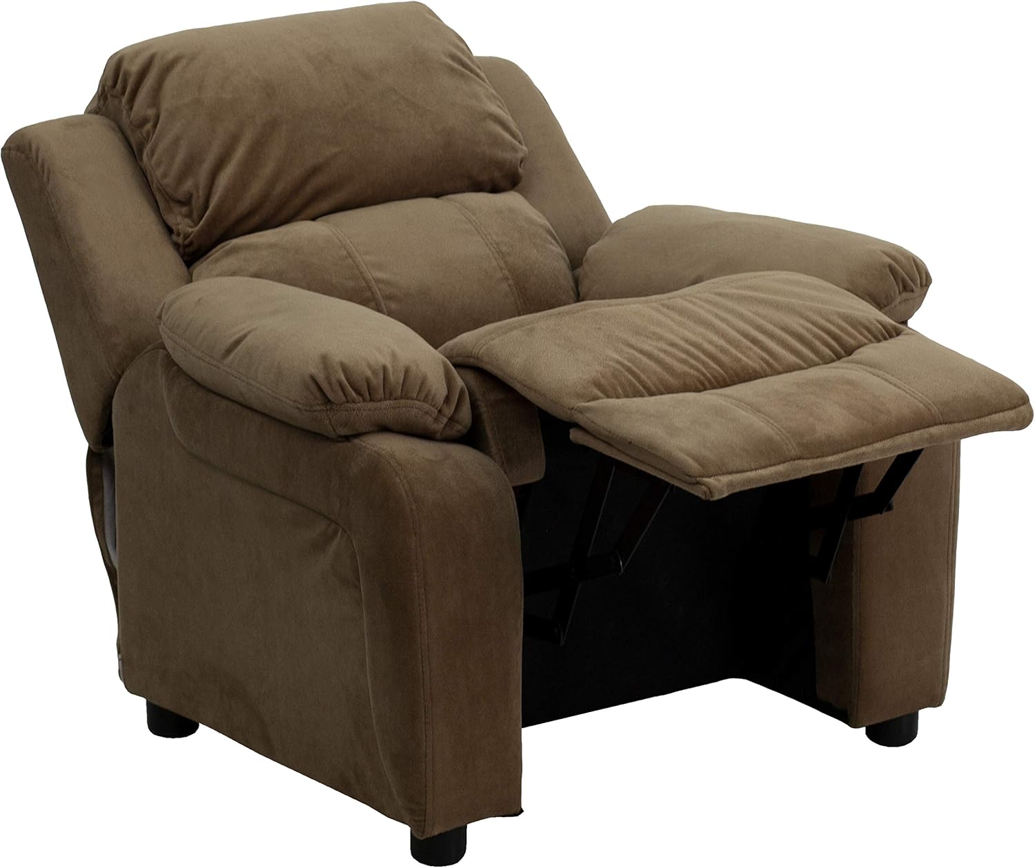 Flash Furniture Charlie Microfiber Kids Recliner with Flip-Up Storage Arms and Safety Recline, Contemporary Reclining Chair for Kids, Supports up to 90 lbs., Brown