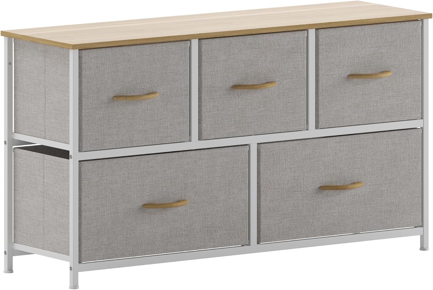 Flash Furniture Harris 5 Drawer Vertical Storage Dresser, Engineered Wood Top and Cast Iron Frame, Easy Pull Non-Woven Fabric Drawers with Wooden Handles, White/Beige