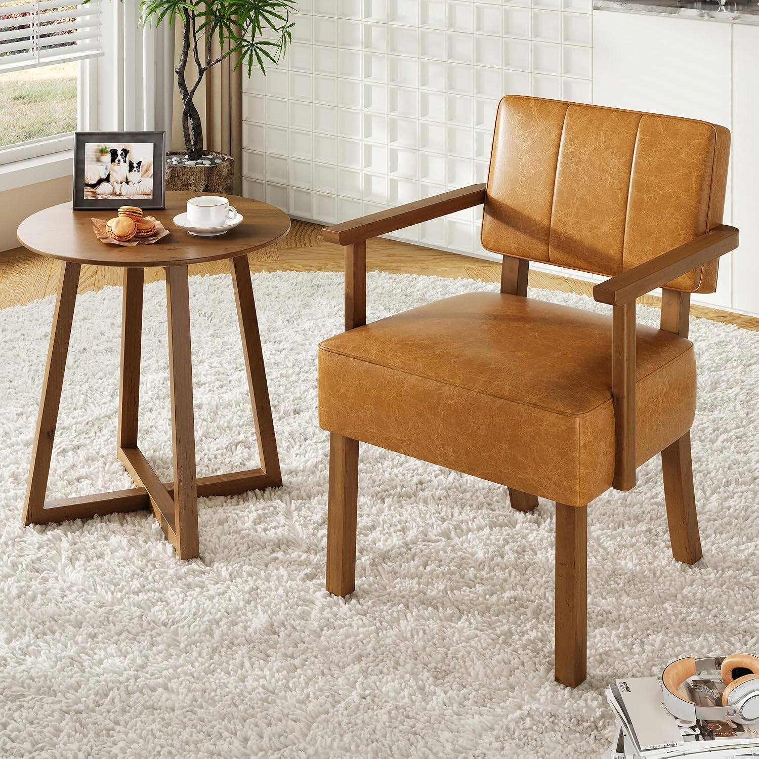 Garvee Accent Chair, Mid-Century Modern Faux Leather Armchair with Wood Frame, Vertical Stripe Upholstered Reading Chair for Living Room, Bedroom or Balcony, Brown