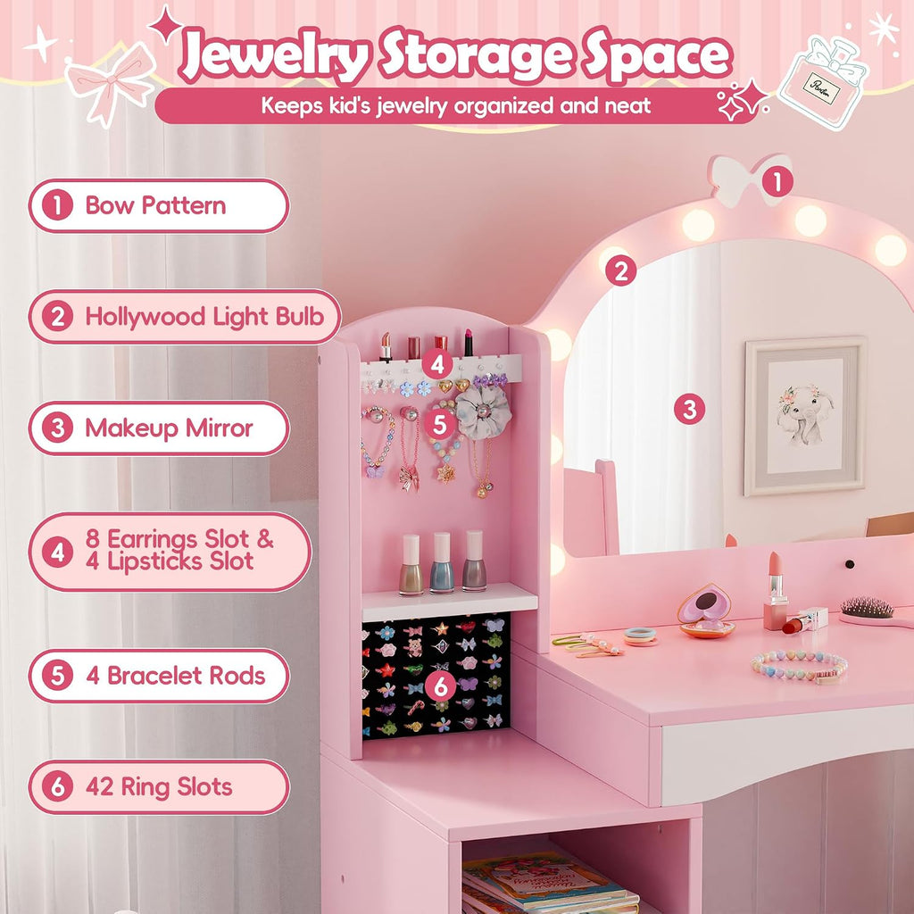 MU Kids Vanity, Girl Vanity Set with Mirror and Chair, 2 in 1 Toddler Makeup Vanity Table with Jewelry Storage, Wooden Princess Makeup Desk Dressing Table for Little Girls, Pink