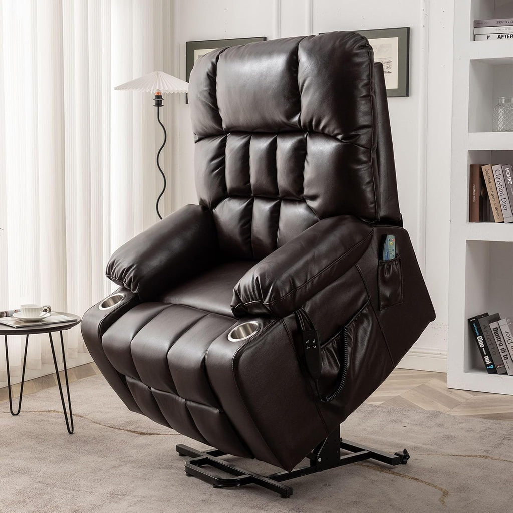 Oversized Power Recliner Chair for Big and Tall 400 LBS, 25.5' Extra Wide Electric Lift Chair with Heat and Massage, Dual Motor 180° Lay Flat Recliner Living Room Sofa, PU Leather Big Recliner