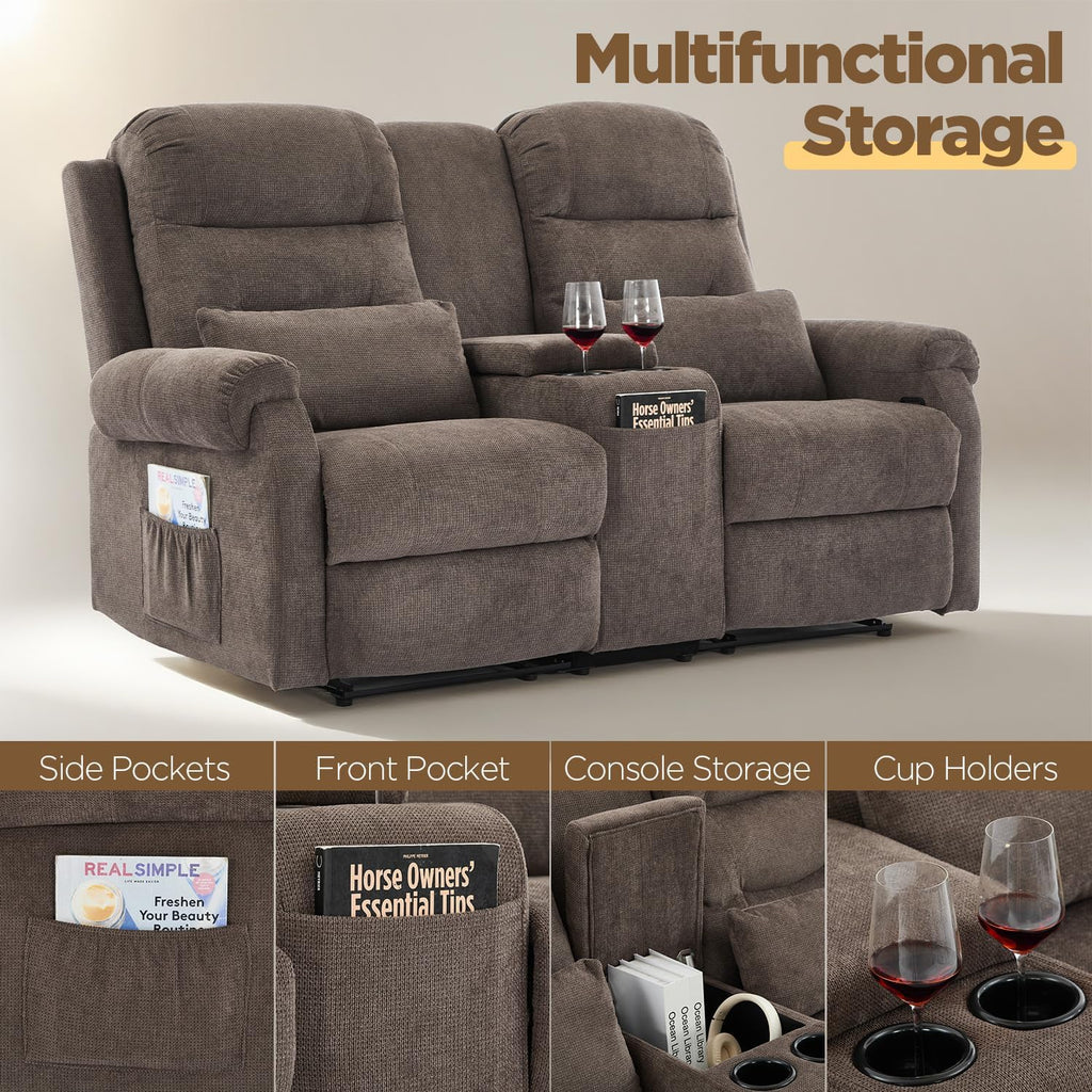 RV Loveseat Recliner with Console, Reclining Loveseat Sofa, Manual Home Theater Seating with Pockets/Cup Holders for Living Room/RV Furniture (Coffee Chenille)