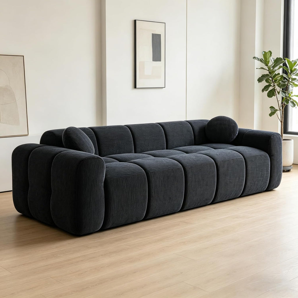 98.4-Inch Oversized Boneless Cloud Couches Deep Seat Foam Sofa Couch with 2 Round Toss Pillows, Luxury Corduroy Upholstered 3 Seat Tufted Loveseat, Cloud Sofa in a Box