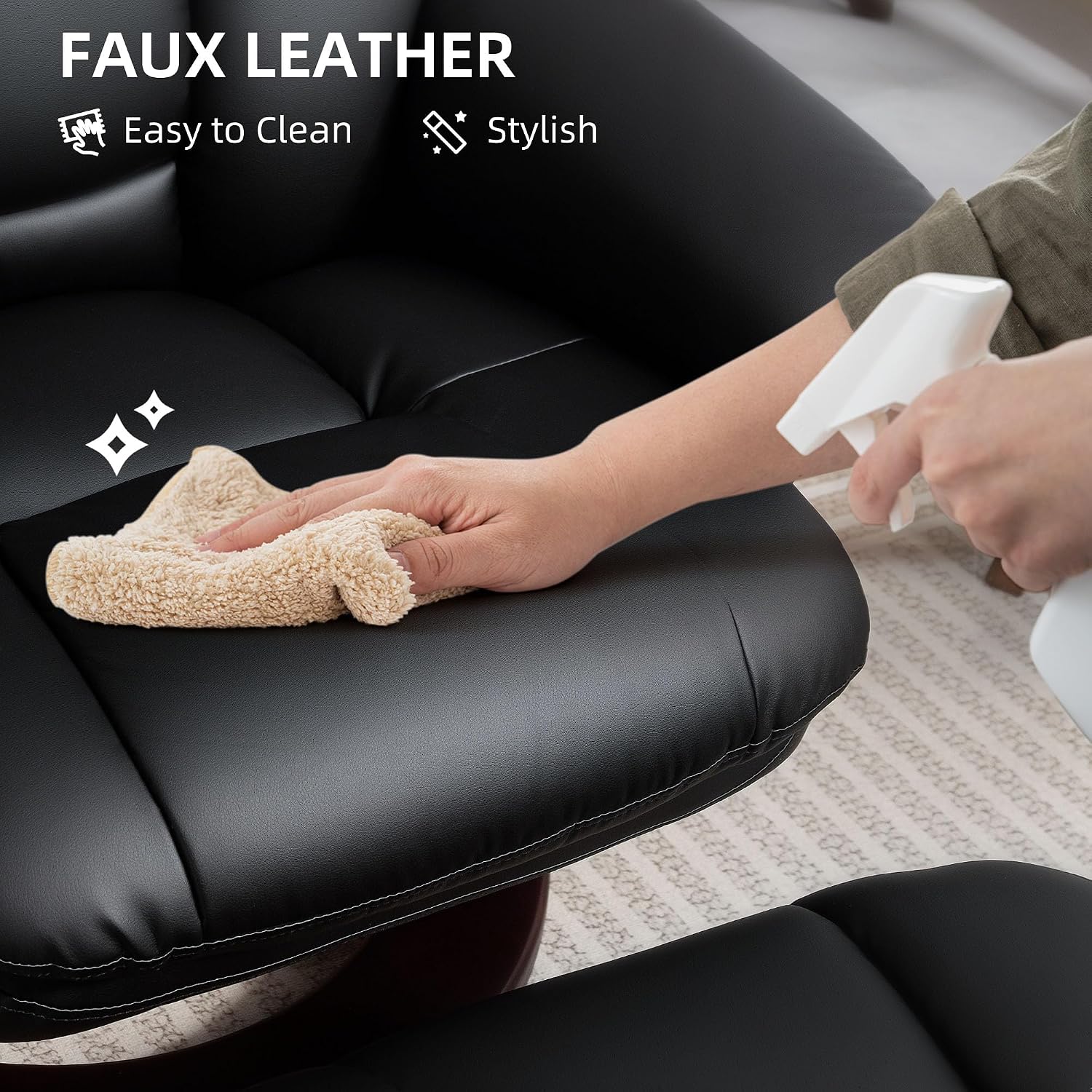 HOMCOM Recliner Chair with Ottoman, PU Leather Swivel Recliner with Comfy Footrest, Upholstered Adjustable Living Room Chair and Ottoman Set, Black