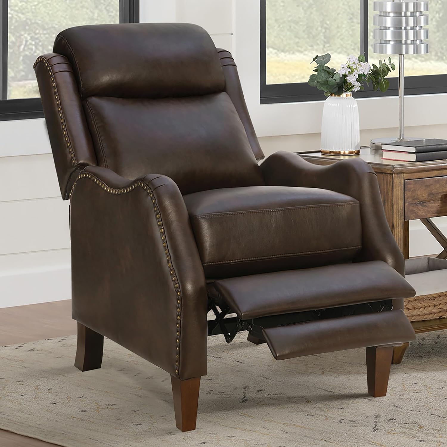 KISLOT Leather Pushback Recliner Faux Armchair with Rivet Decoration Single Sofa Accent Chair for Living Room Bedroom