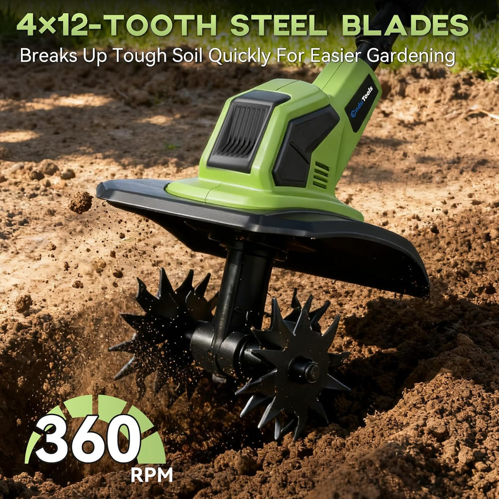Cordless Tiller Cultivator - 21V 360RPM Electric Garden Tiller with 2 * 4.0Ah Batteries & Fast Charger, 9In Tilling Width and 6.7In Depth, Tiller for Gardening, Lawn, Soil