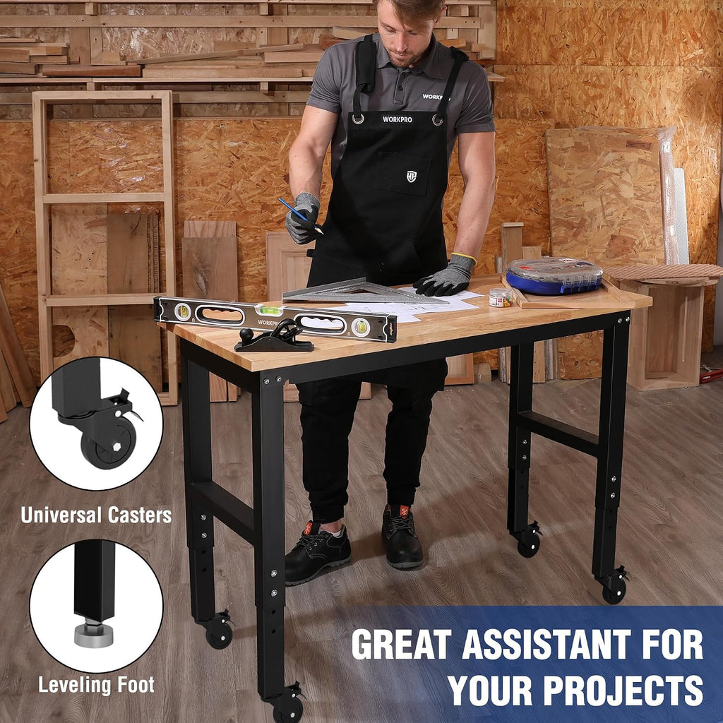 WORKPRO Garage Workbench, 48'X22' Adjustable Workbench with Wheels and Leveling Foot, Rubber Wood Top Work Desk with Power Outlets, 1500 LBS Workbenches for Garage, Workshop, Home