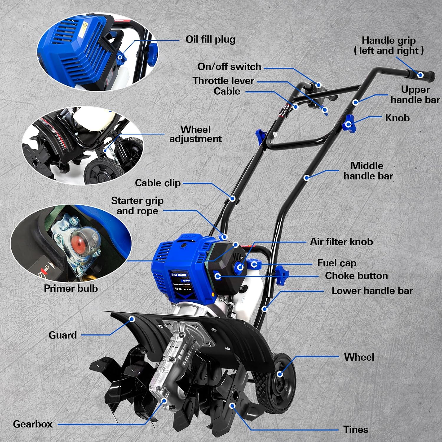 BILT HARD 46cc 4-Cycle 1.9HP Gas Powered Tiller Cultivator - 16' Heavy-Duty Steel Tines Rototiller, Adjustable Wheels & Cushioned Handle Grips for Plowing, Tilling, Weeding in Garden, Farm
