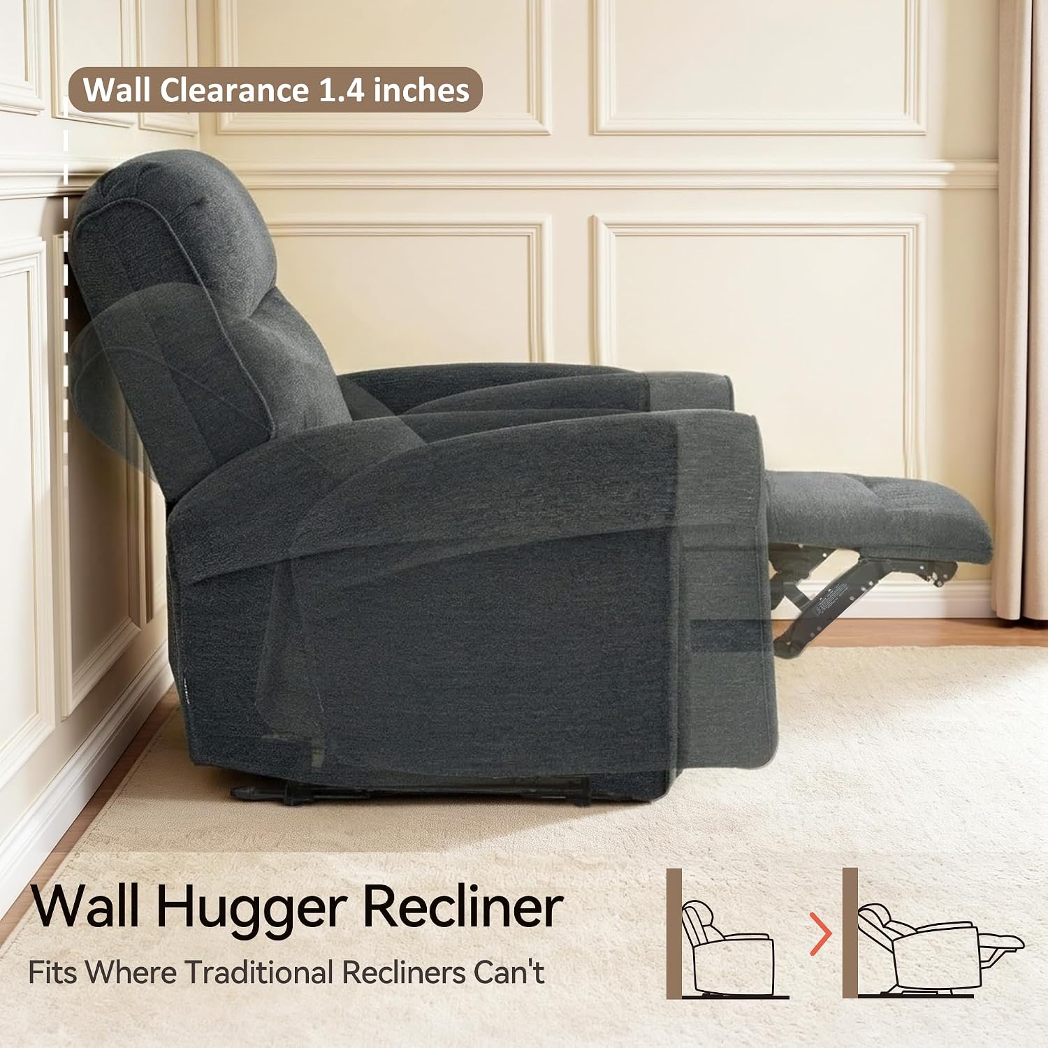 MCombo Wall Hugger Power Recliner Chair for Small Spaces RV Living Room, USB & Type-C Charging Ports, Extra Wide 24' Seat, Rolled Arm Electric Reclining Chair, Pet-Friendly Fabric PR630 (Dark Grey)