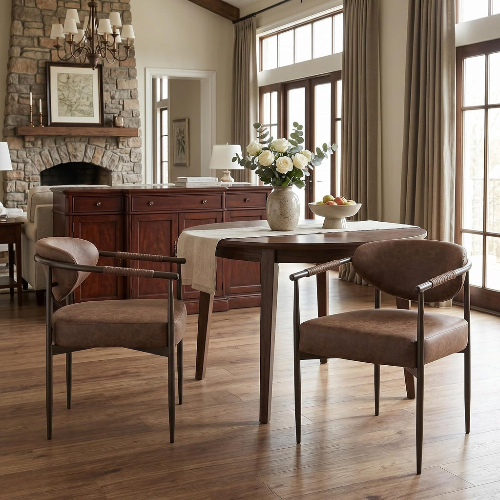Christopher Knight Home Hyeok Modern Upholstered Dining Chairs Set of 2, Armchair Set with Metal Frame, Comfy Accent Chair with PU Leather Backrest/Seat Cushions for Kitchen/Dining Room, Brown