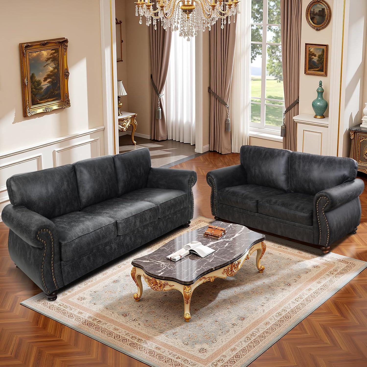 Couchus Mid-Century Vintage Sofa Couches with Rivet Design,3-Seater Sofa,Removable Sofa Cover Upholstered Cushions and Solid Wood Frame (Grey, 3-Seater)
