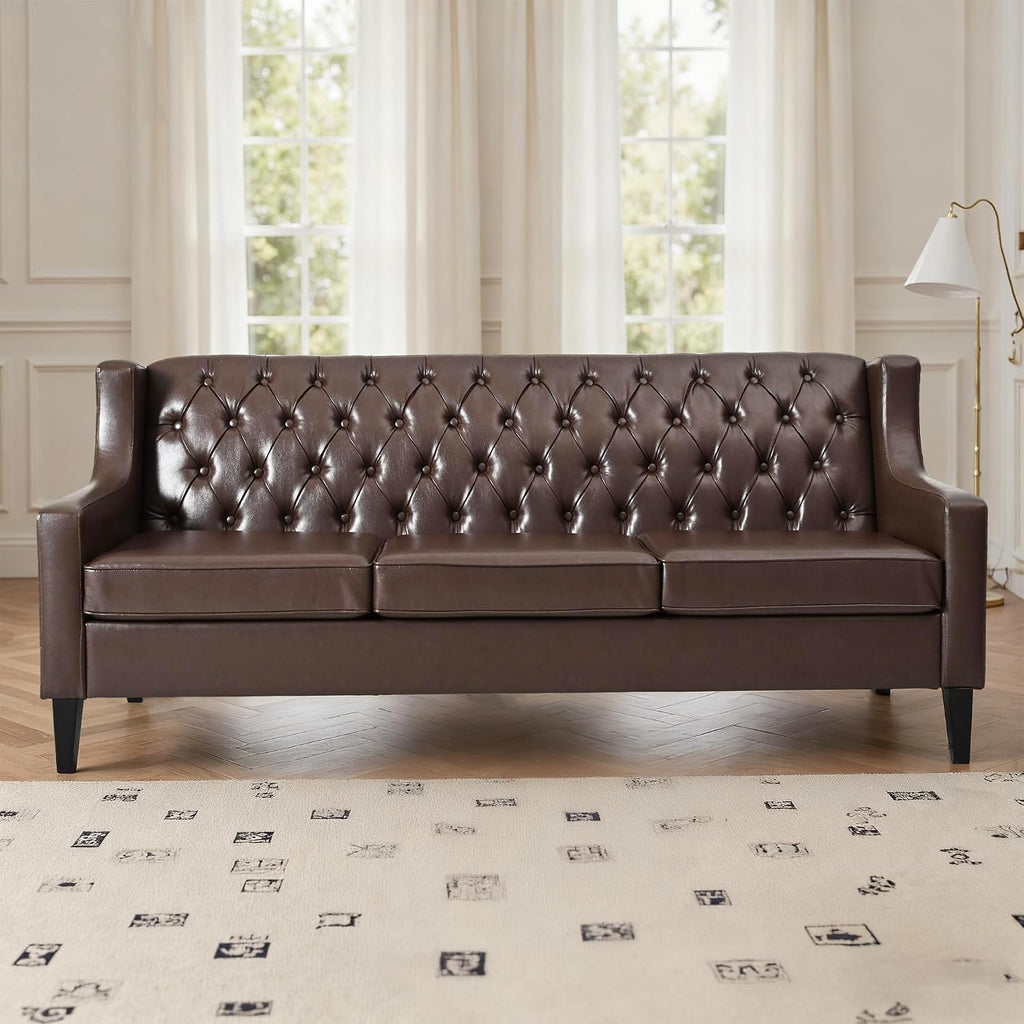 GDFStudio 78.75' 3-Seater Sofa, Button Tufted Backrest Big Comfy Couch with Cushions, Mid Century Modern Couches Home Living Room Sofa, Upholstered Sofas & Couches for Apartment Bedroom, Dark Brown