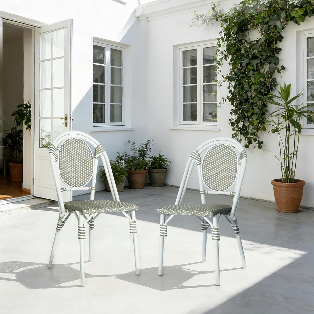 Christopher Knight Home Gammy Outdoor French Bistro Chairs Set of 2, Aluminum Patio Dining Chairs Set of 2, PE Rattan Patio Furniture Armless Accent Chair for Garden/Backyard/Balcony, Green + White