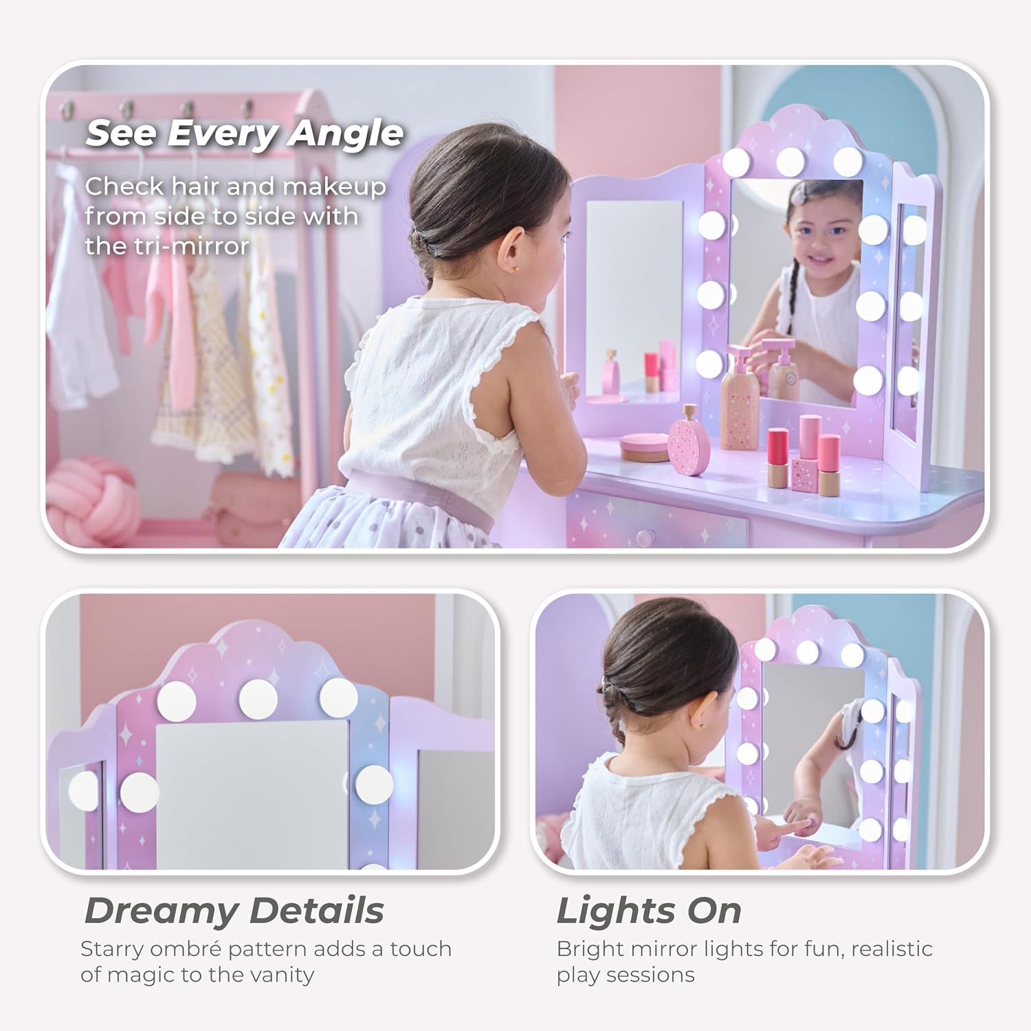 Teamson Kids Stardust Print Gisele Medium Vanity with LED Lights & Touch Sensor Mirror, Storage Drawer for Kids Pretend Play, Purple Elegant Dressing Table Set with Stool for Toddlers & Girls Ages 3+