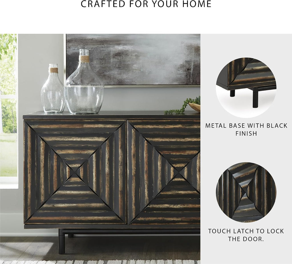 Signature Design by Ashley Fair Ridge Casual Square Patterned 3-Door Distressed Accent Cabinet with 3 Adjustable Shelves, Black & Dark Brown