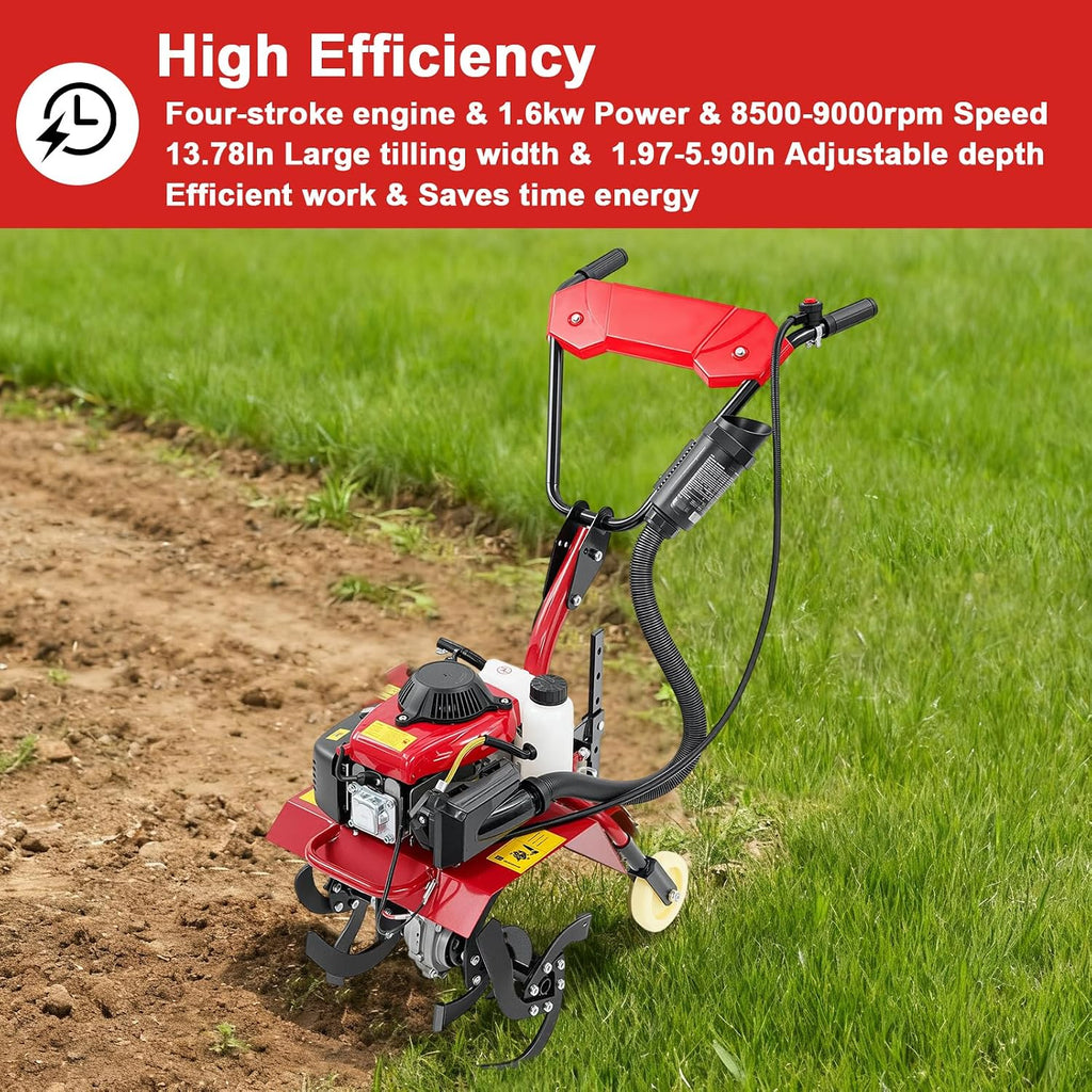 Mini Tiller Cultivator, 63CC 4-Stroke Gas Powered Tiller Cultivator 8500-9000rpm Speed 1600W Garden Yard Rototiller Tilling with Fuel Tank Cordless Tiller Cultivator for Gardening
