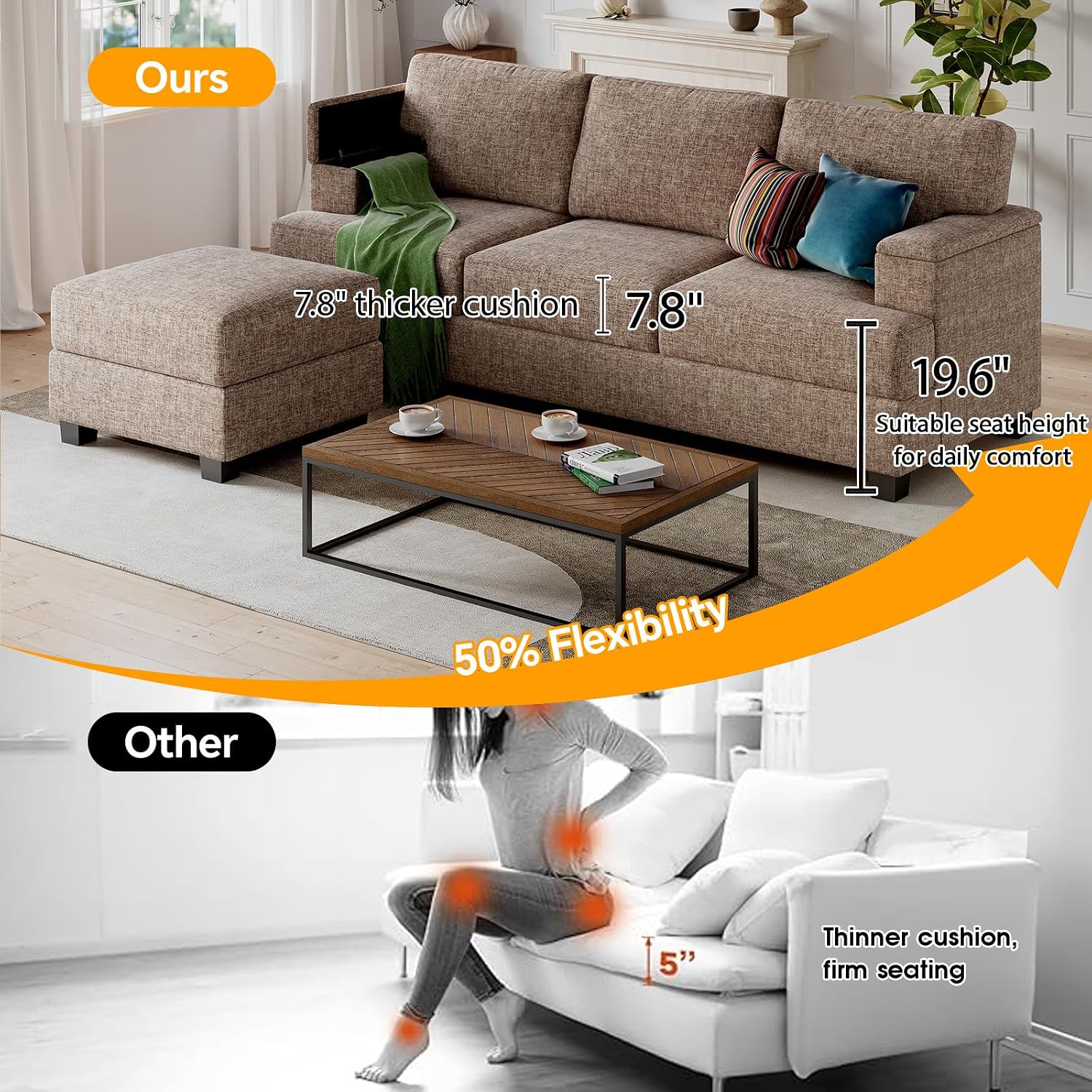 85'' L Shaped Couch with Armrest Organizer,3 Seats Sofas with Movable Ottoman,Comfy Sectional Sofa with Thick Cushion,Chenille Sectional Couches for Living Room,Bedroom,Apartment,Home Furniture,Brown
