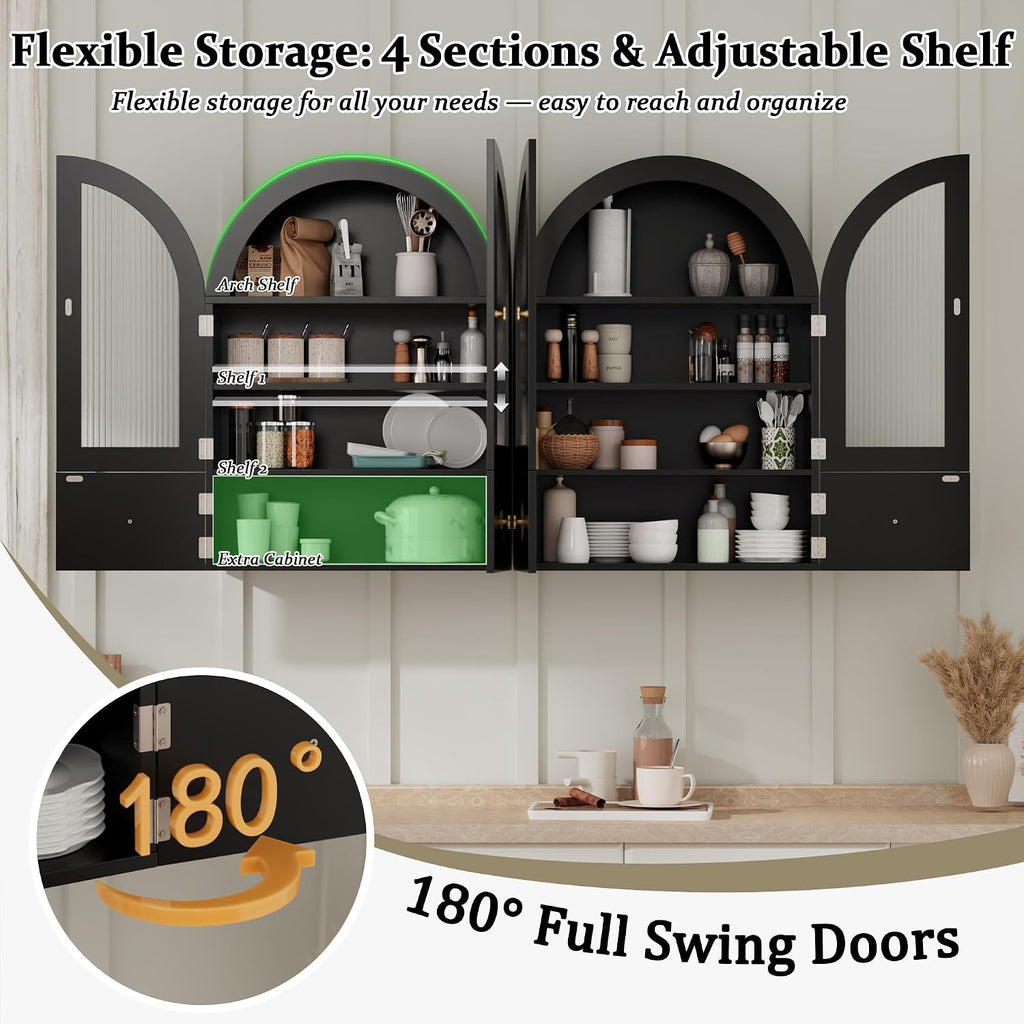 BREEZEHEAT Arched Bathroom Wall Cabinet, Medicine Cabinet Over Toilet Storage w/Fluted Glass Doors & Adjustable Shelf, Wood Hanging Cupboard for Laundry Room, Entryway, Kitchen, Black, 23.6x33.5 Inch