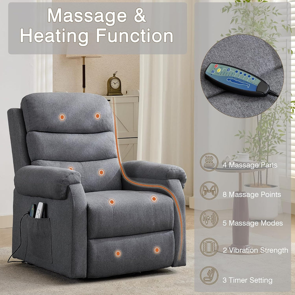 LOUVIXA Power Lift Recliner Chair Recliners for Elderly with Heat and Massage Recliner Chair for Living Room with Infinite Position and Side Pocket, USB Charge Port (Modern Grey)