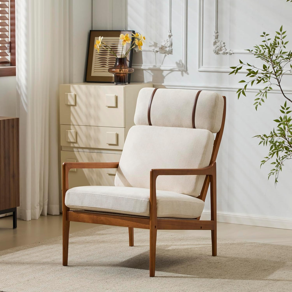 Christopher Knight Home Nadine Wooden Club Chair, Upholstered Accent Chair, Cushions Support Armchair, Comfy Lounge, Single Reading Sofa, Solid Wood Frame Armchair for Living Room Home, Beige+Teak