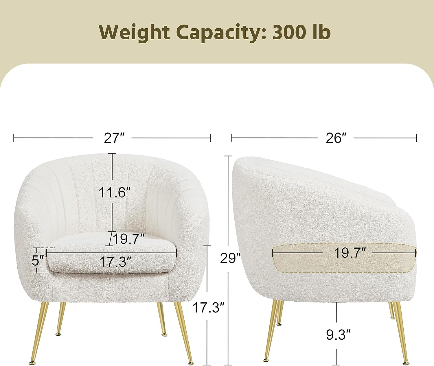 Yaheetech Sherpa Fabric Accent Chair, Modern Cozy Vanity Chair with Gold Metal Legs, Boucle Fabric Armchair with Removable Seat Cushion for Living Room Bedroom Office Guest Room, Ivory
