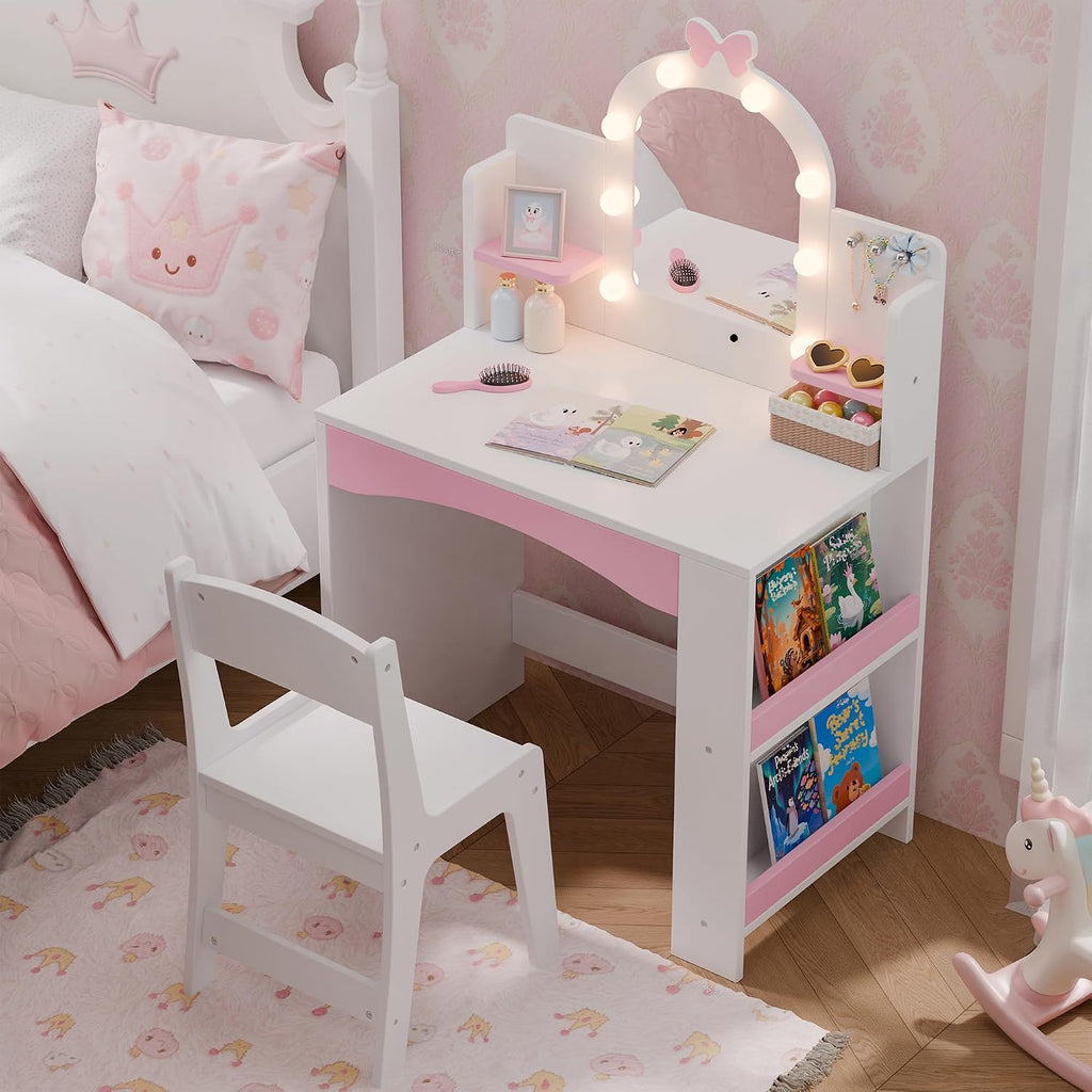 Girls Vanity with Lights, Kids Vanity Table and Chair Set for Princess, Toddler Makeup Vanity Desk with Open Bookshelf, Storage Cabinet & Side Shelves, Stools, White