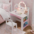 Girls Vanity with Lights, Kids Vanity Table and Chair Set for Princess, Toddler Makeup Vanity Desk with Open Bookshelf, Storage Cabinet & Side Shelves, Stools, White