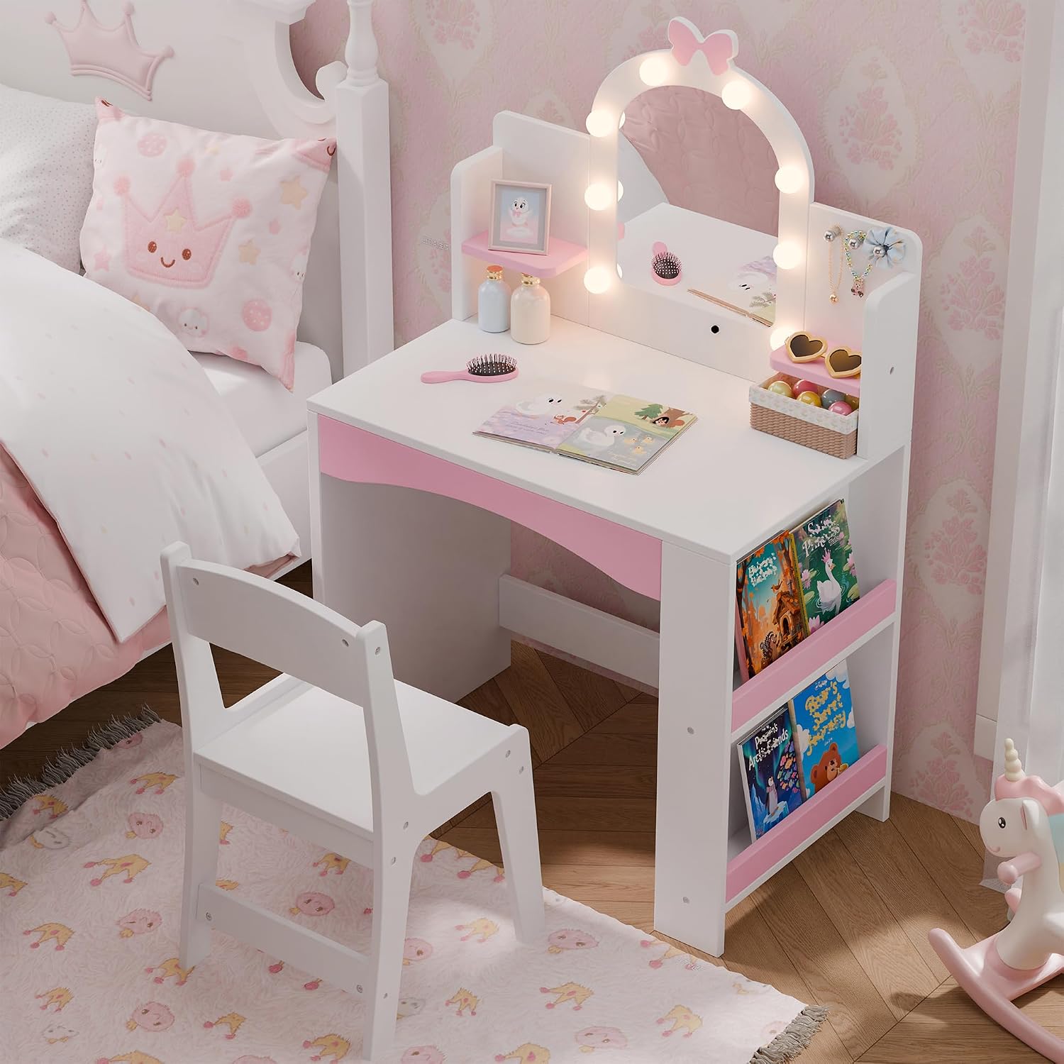 Girls Vanity with Lights, Kids Vanity Table and Chair Set for Princess, Toddler Makeup Vanity Desk with Open Bookshelf, Storage Cabinet & Side Shelves, Stools, White