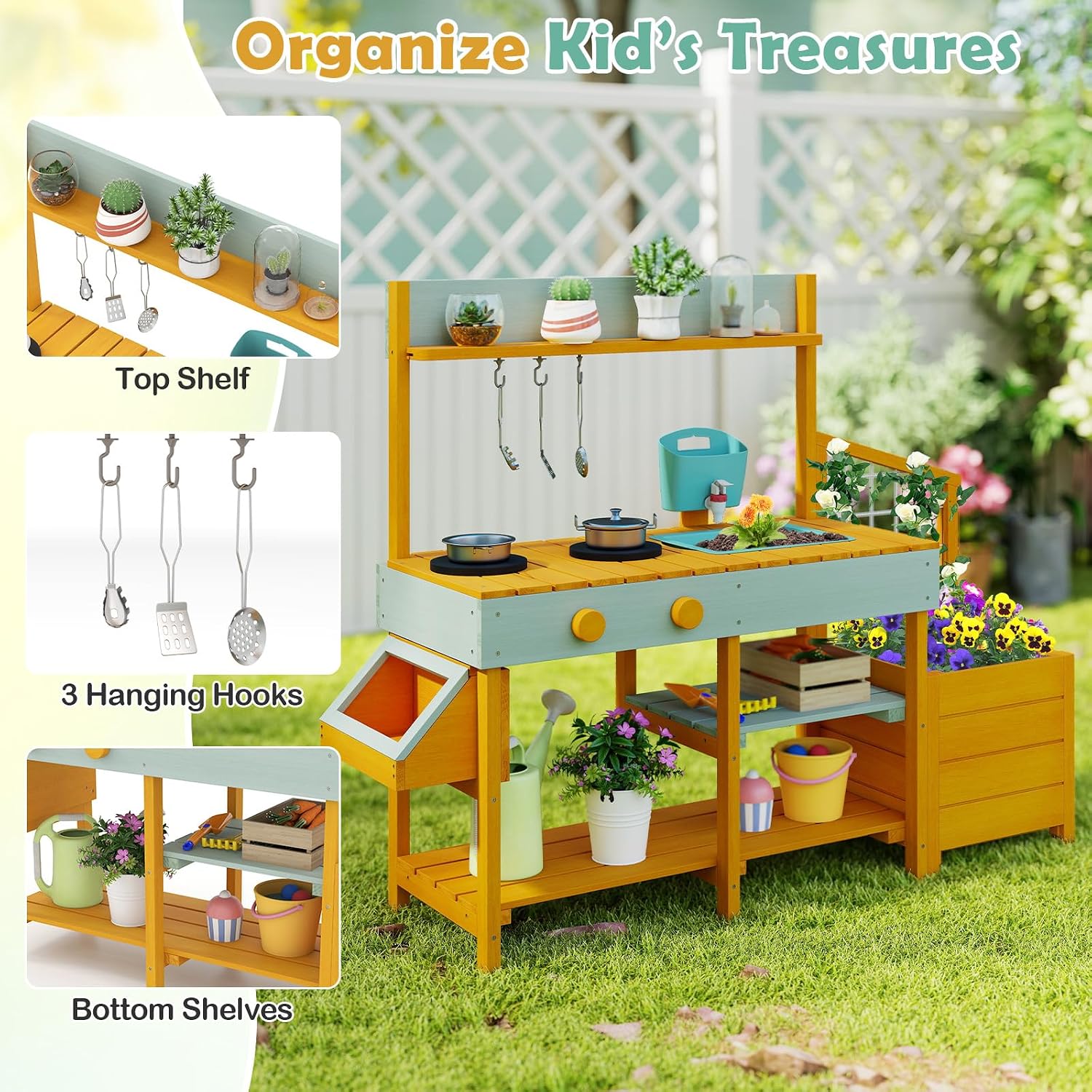 Costzon Mud Kitchen, Wooden Kids Potting Bench w/Removable Faucet, Sink, Stoves, Rotation Knobs, Planter Boxes, Trellis & Cooking Accessories, Mud Kitchen for Kids Outdoor 3-8 (Yellow)