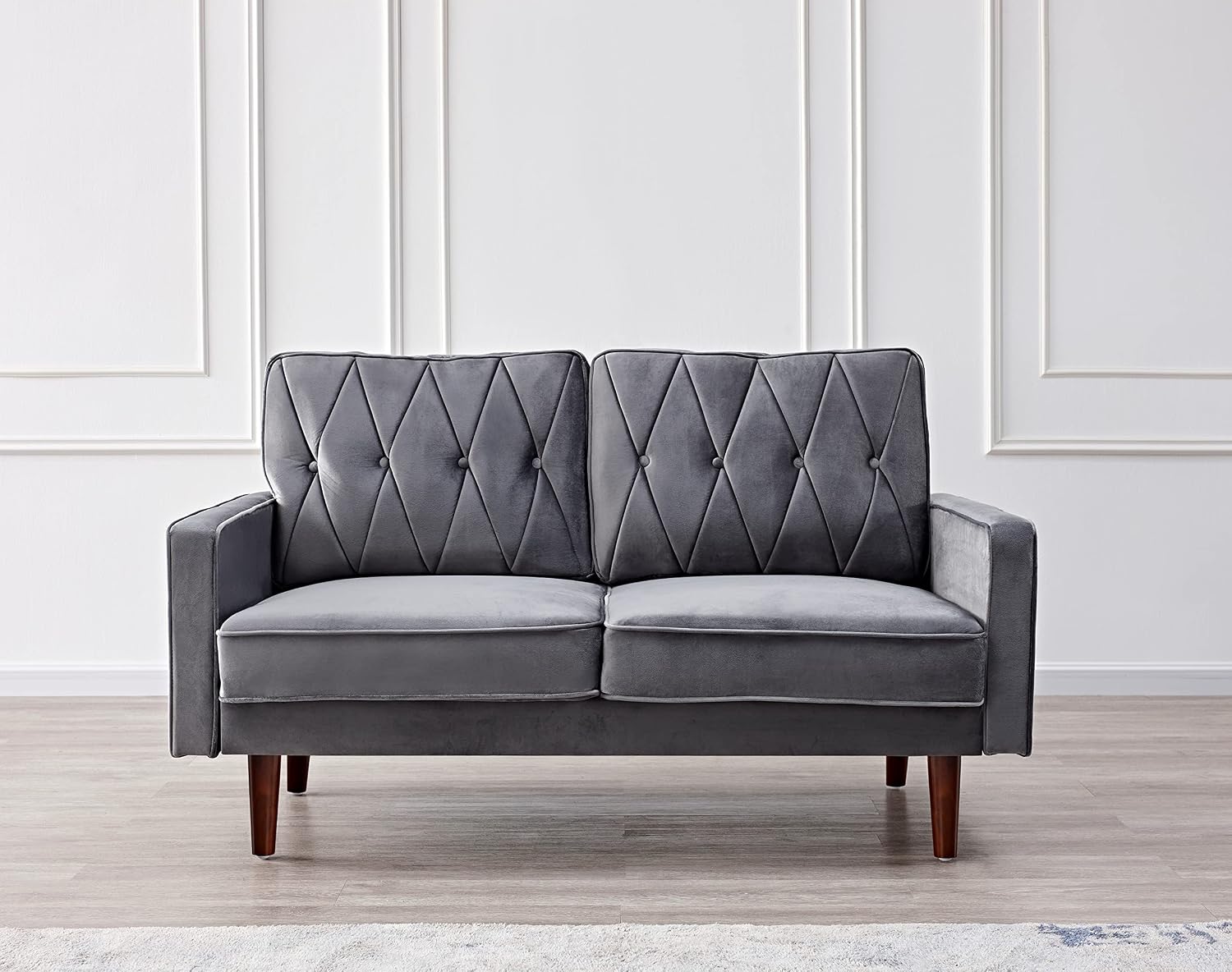 Container Furniture Modern Style Tufted Velvet Couches for Living Room with Soft Fabric Upholstery and Solid Wood Frame, 2 Piece Sofa and Loveseat Set, Grey