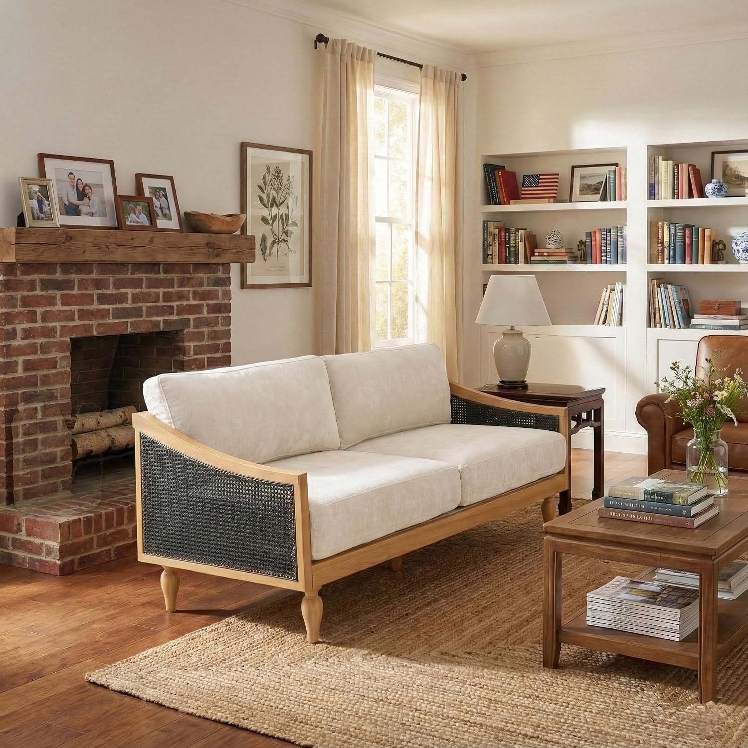 Christopher Knight Home Harper Mid-Century Loveseat Sofa Couch, 2-Seater Lounge Sofa with Rattan Armrests and Wooden Legs, Chenille Upholstered Couches for Living Room and Small Space, Black