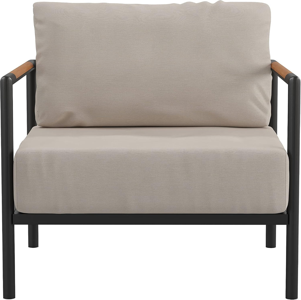 Flash Furniture Lea Indoor/Outdoor Patio Chair with Cushions - Modern Aluminum Framed Chair with Teak Accented Arms, Black with Beige Cushions