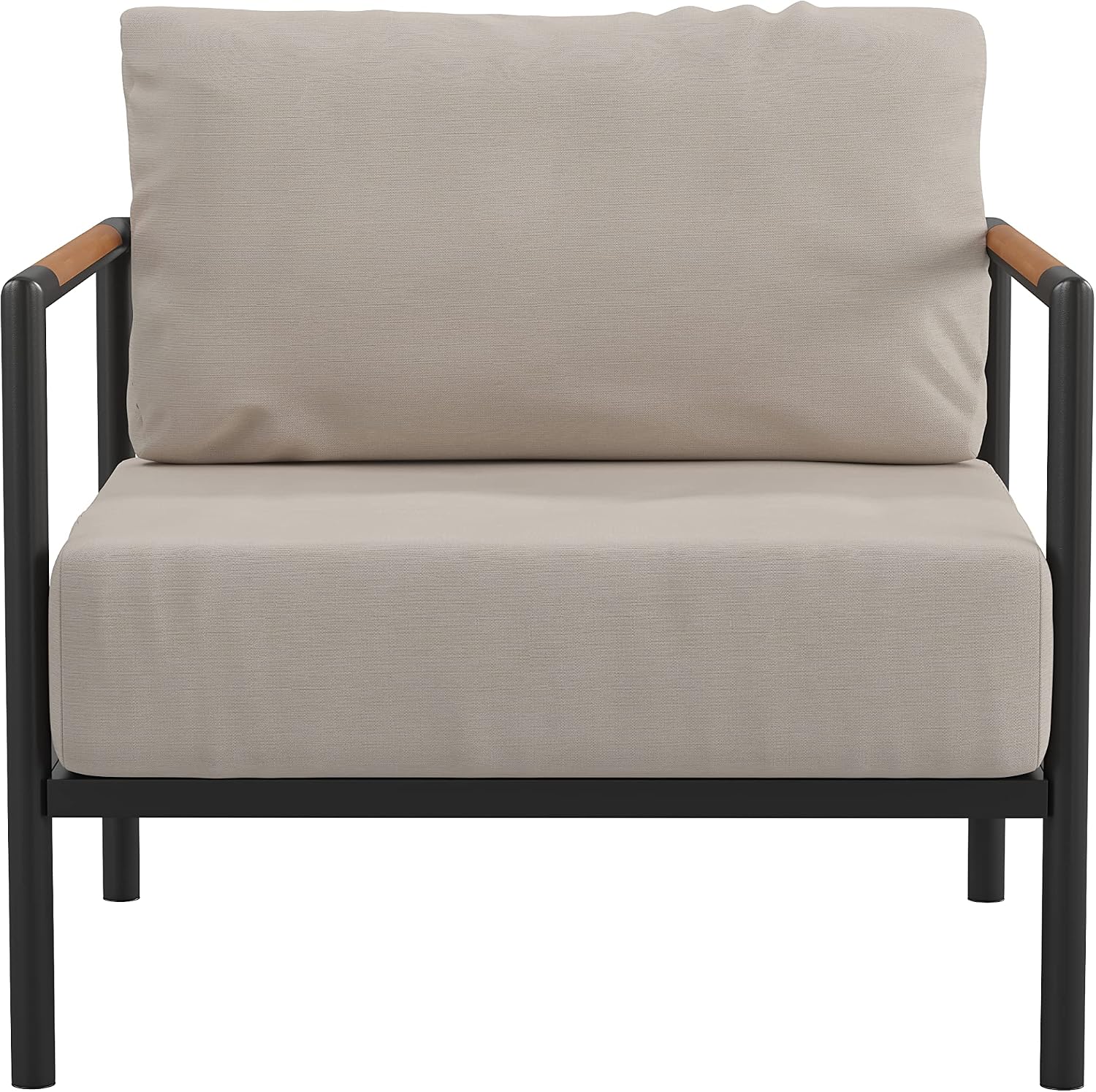 Flash Furniture Lea Indoor/Outdoor Patio Chair with Cushions - Modern Aluminum Framed Chair with Teak Accented Arms, Black with Beige Cushions