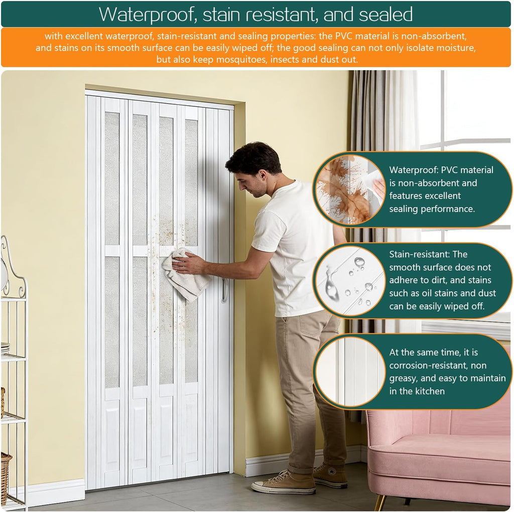 32X80in Accordion Doors Interior,White PVC Folding Door with Handle & Latch, for Closet & Kitchen,Complete Hardware Kit Easy to Install