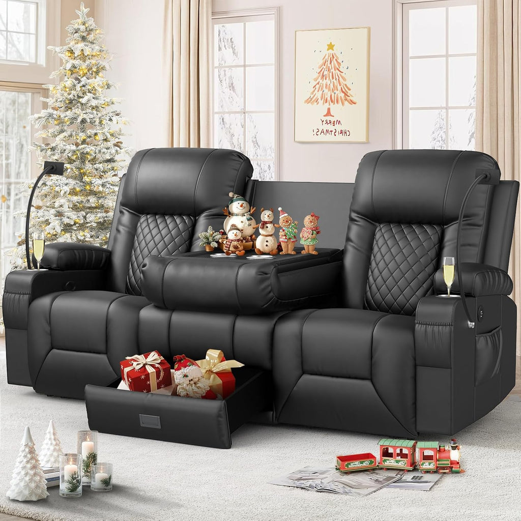 FURNIMAT Loveseat Recliner Sofa, Modern Dual Reclining Sofa with Flip Back Console, 3 Seater PU Leather Loveseat Couch for Living Room/RV, with Storage, USB Ports, Cup Holder, Cell Phone Holder, Black
