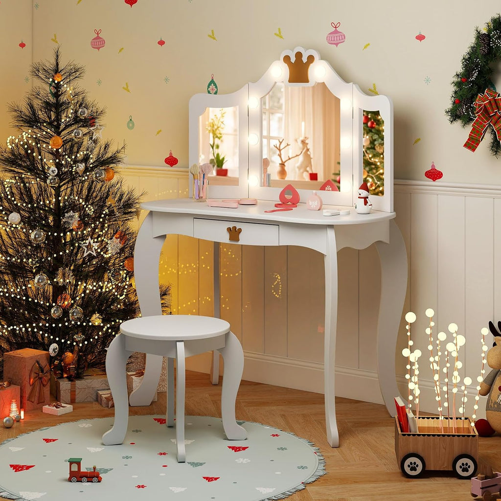 HONEY JOY Kids Vanity with Lights, Crown Girls Vanity Set with Mirror and Stool and Lights, Toddler Vanity, Wooden Makeup Table for Little Girls, Pretend Play Kids Vanity Table and Chair Set(White)