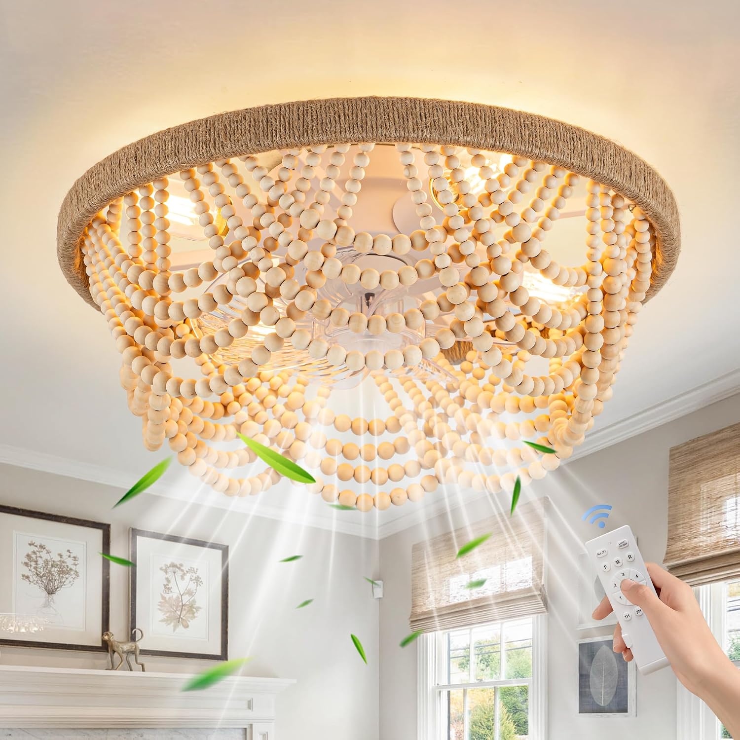 Bella Depot 20' Boho Caged Ceiling Fan with Light, Flush Mount Wood Beaded Fandelier Chandelier Fan, 6 Speeds Reversible Bladeless Ceiling Fan for Bedroom Kids Room Kitchen