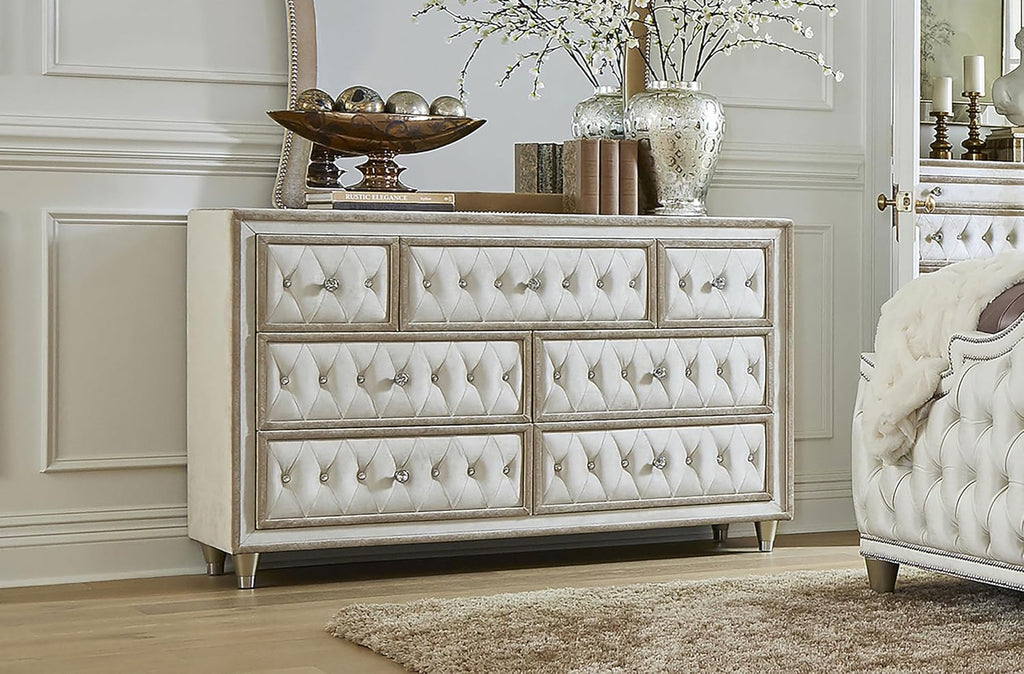 Coaster Home Furnishings - Antonella - Engineered Wood - 7-Drawer Upholstered Dresser with Modern Classic Style, Button-Tufted Details, Faux Crystal Accents - Bedroom - Ivory and Camel - 223523